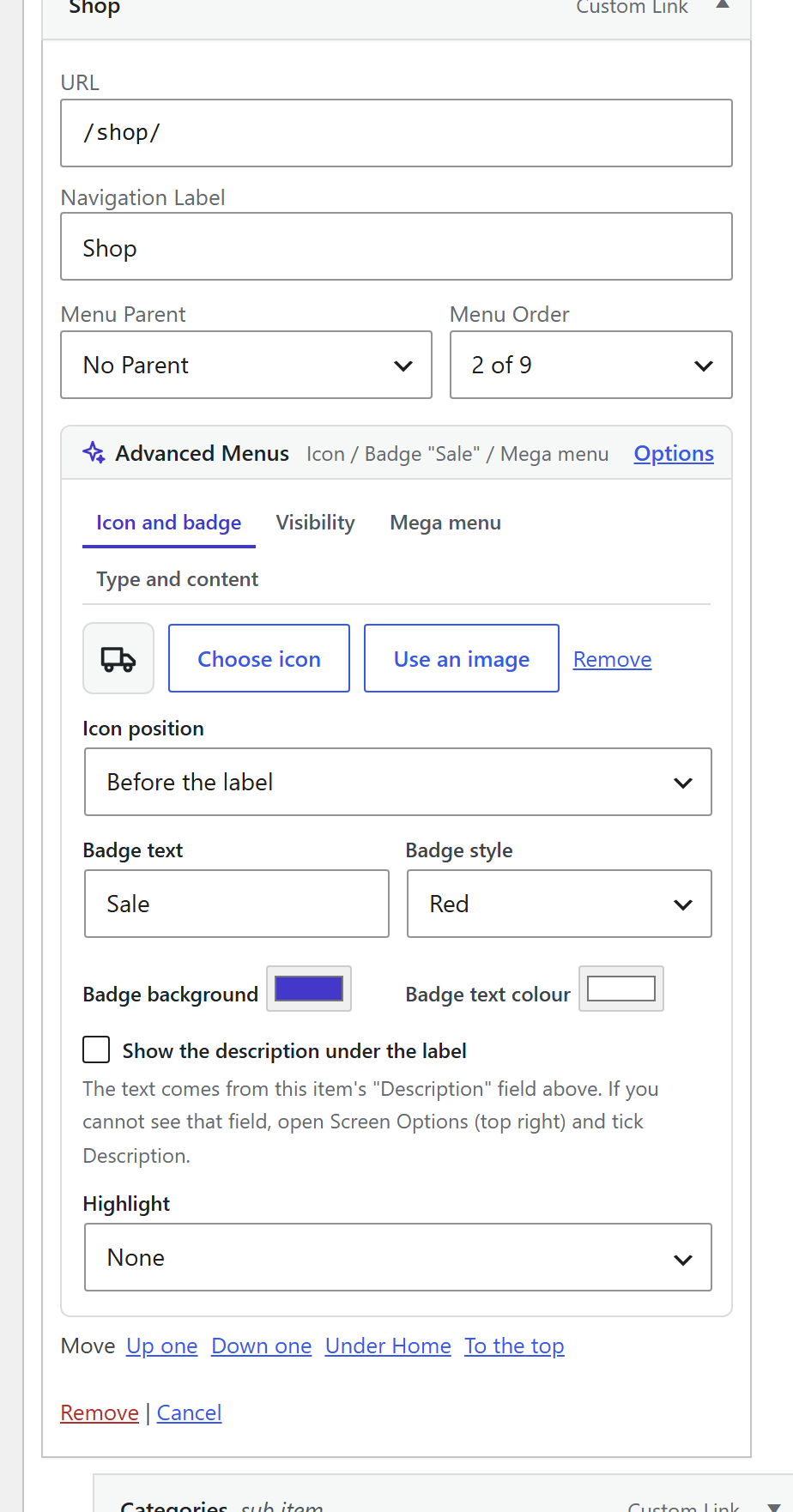 The Advanced Menus panel on a menu item with the icon picker, badge text and style, and highlight options