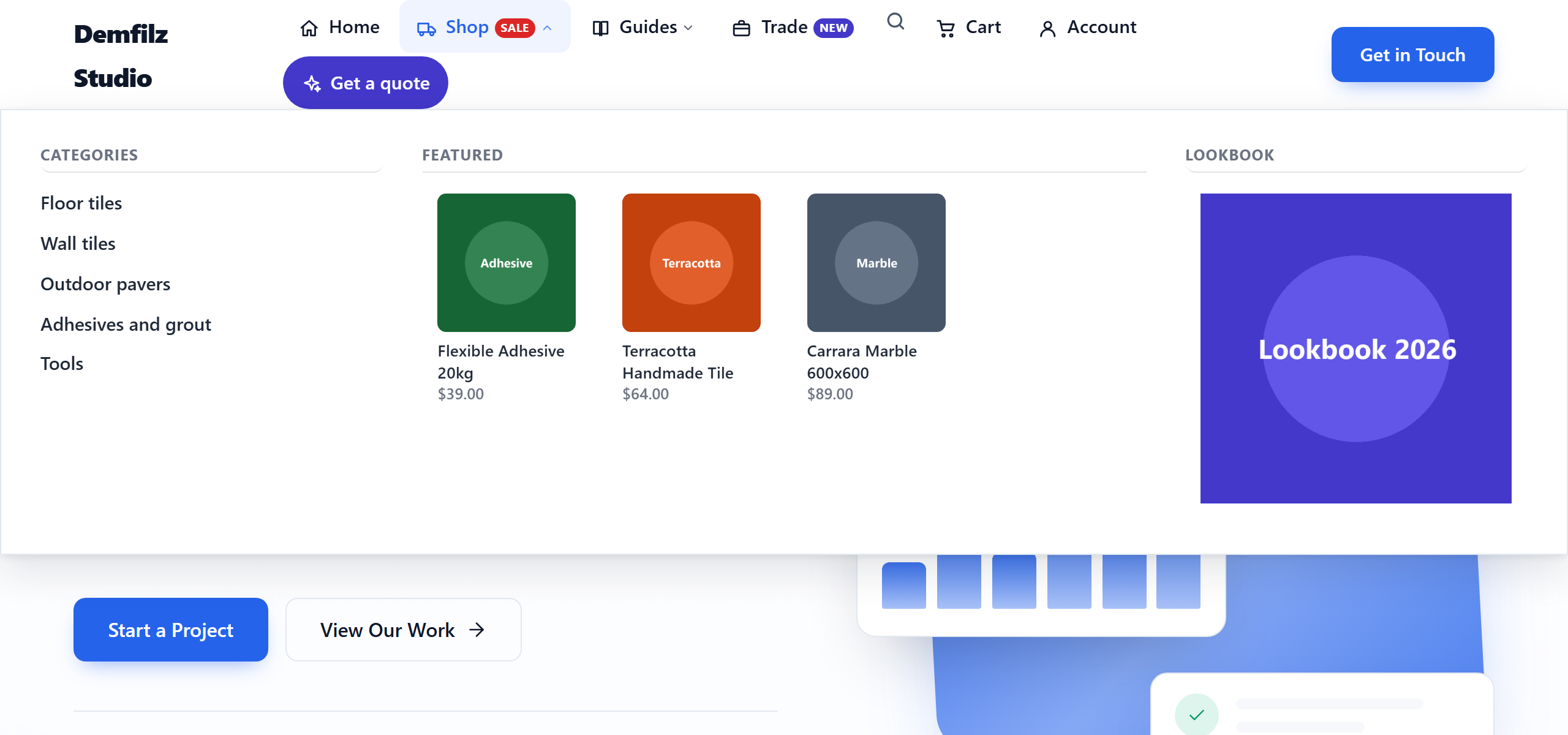 A full width mega menu with a categories column, a featured products column with thumbnails and prices, and a lookbook image column