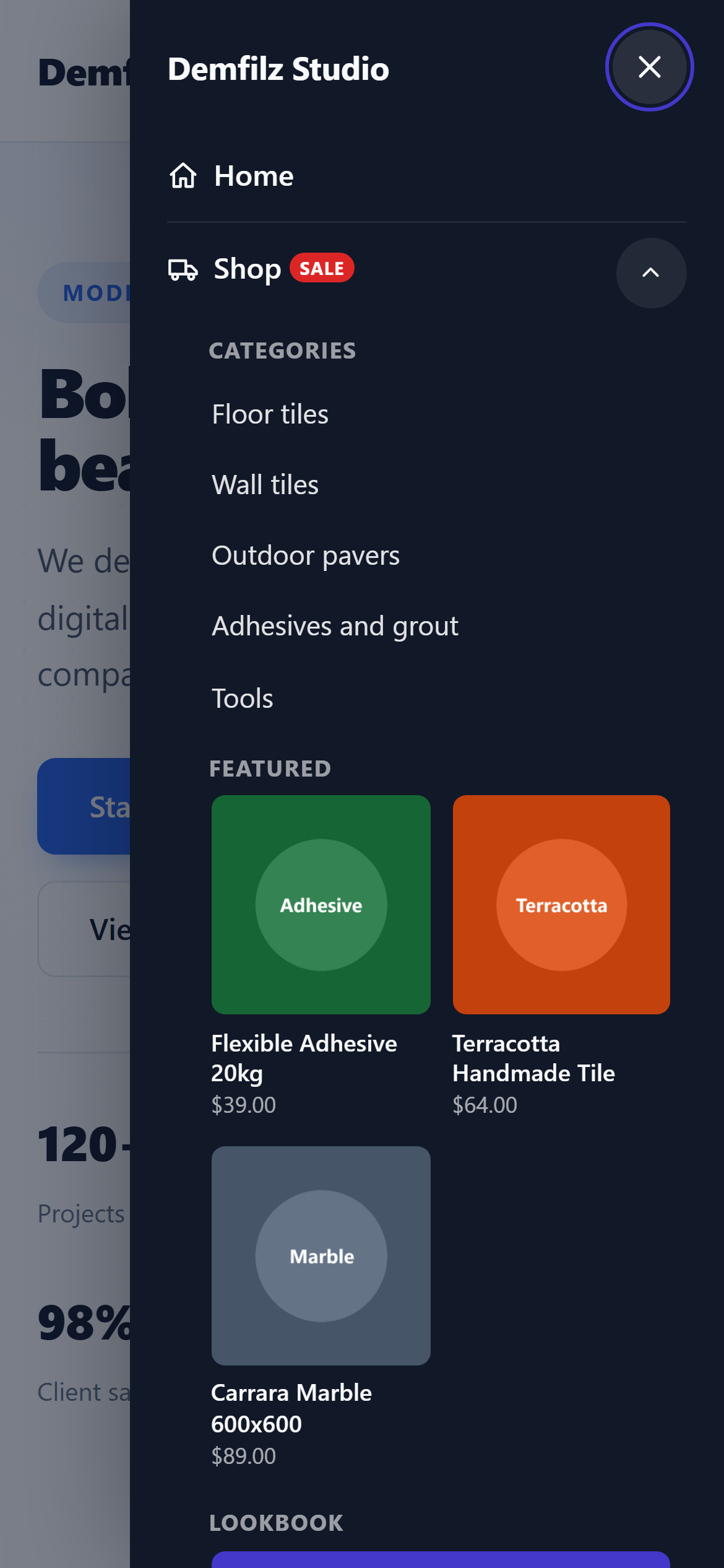 The mobile drawer on a phone with the Shop mega menu expanded into categories and product cards