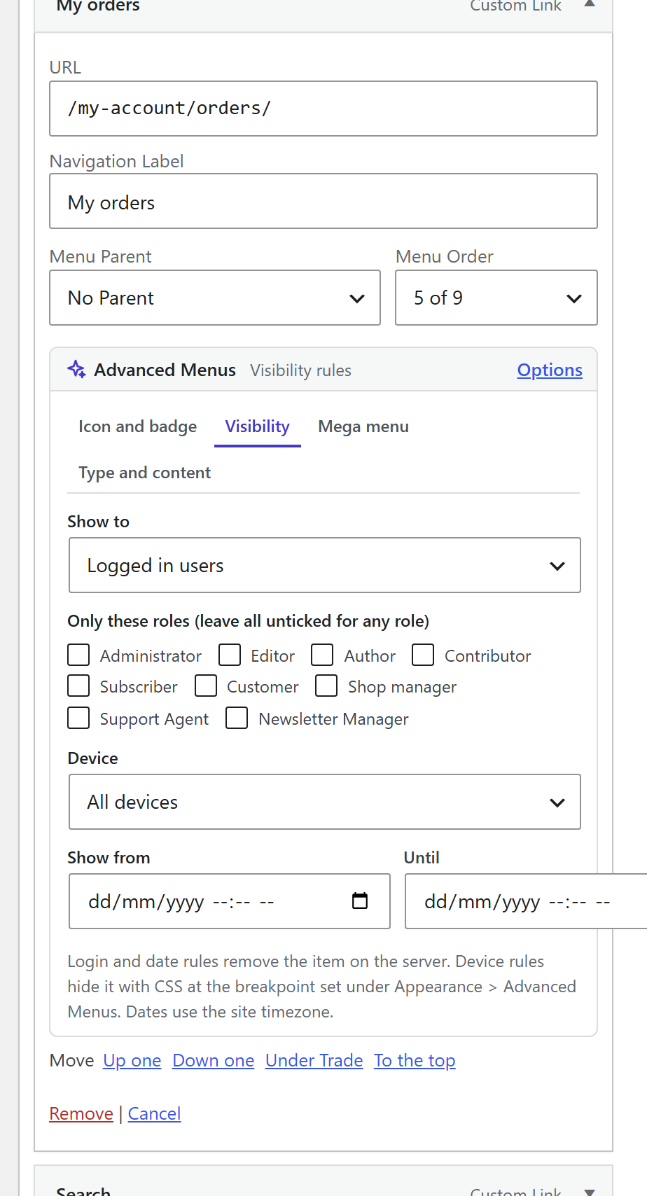 The Visibility tab of a menu item: show to logged in users, role checkboxes, device and date window
