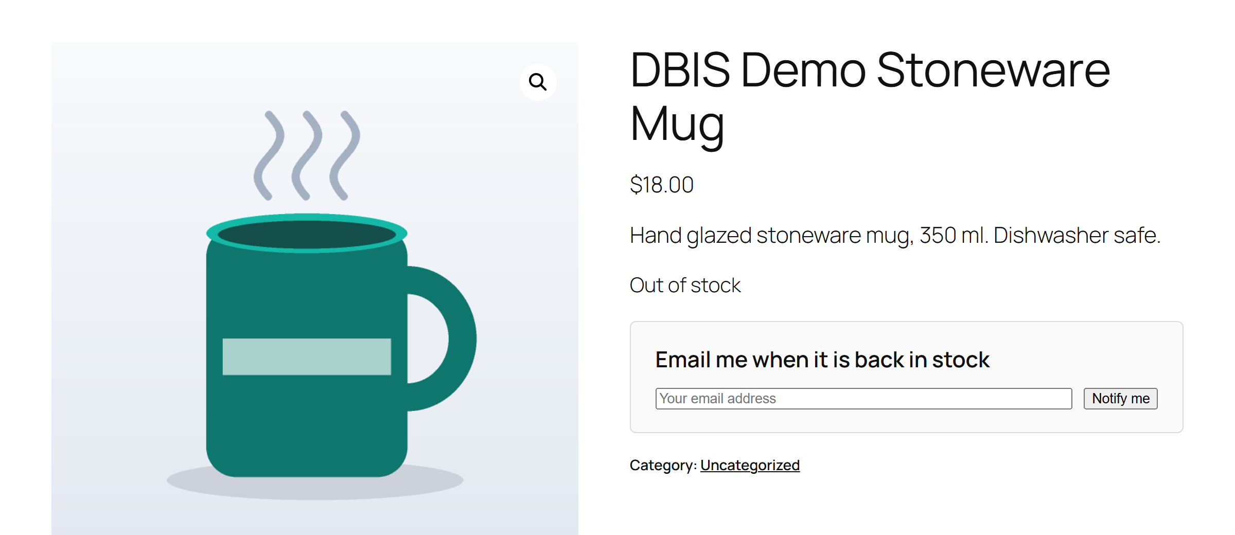 A sold out mug on a product page with the Email me when it is back in stock form under the Out of stock text