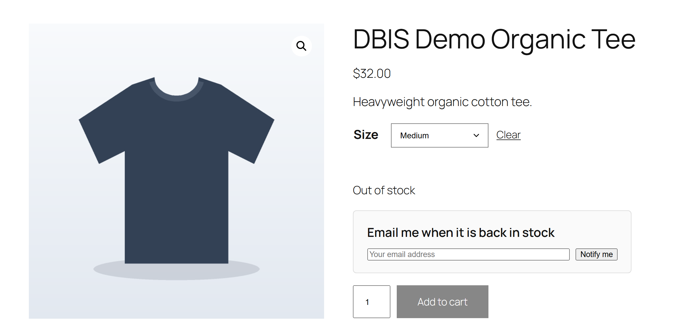 A variable product with the Medium size chosen, showing Out of stock and the back in stock form for that variation