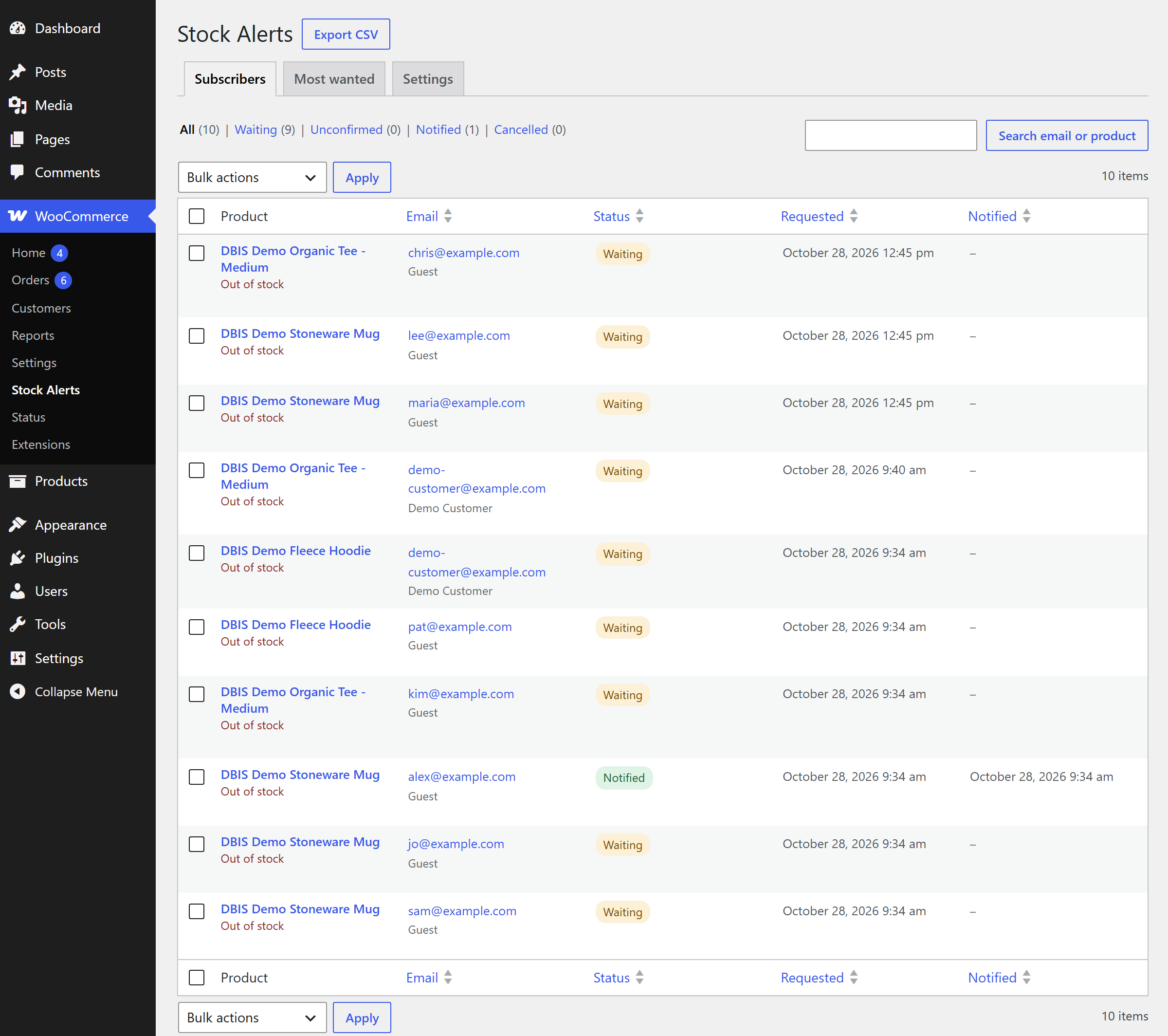 WooCommerce Stock Alerts screen: the subscriber list with product, email, status badges, requested and notified dates, status filters, search and bulk actions