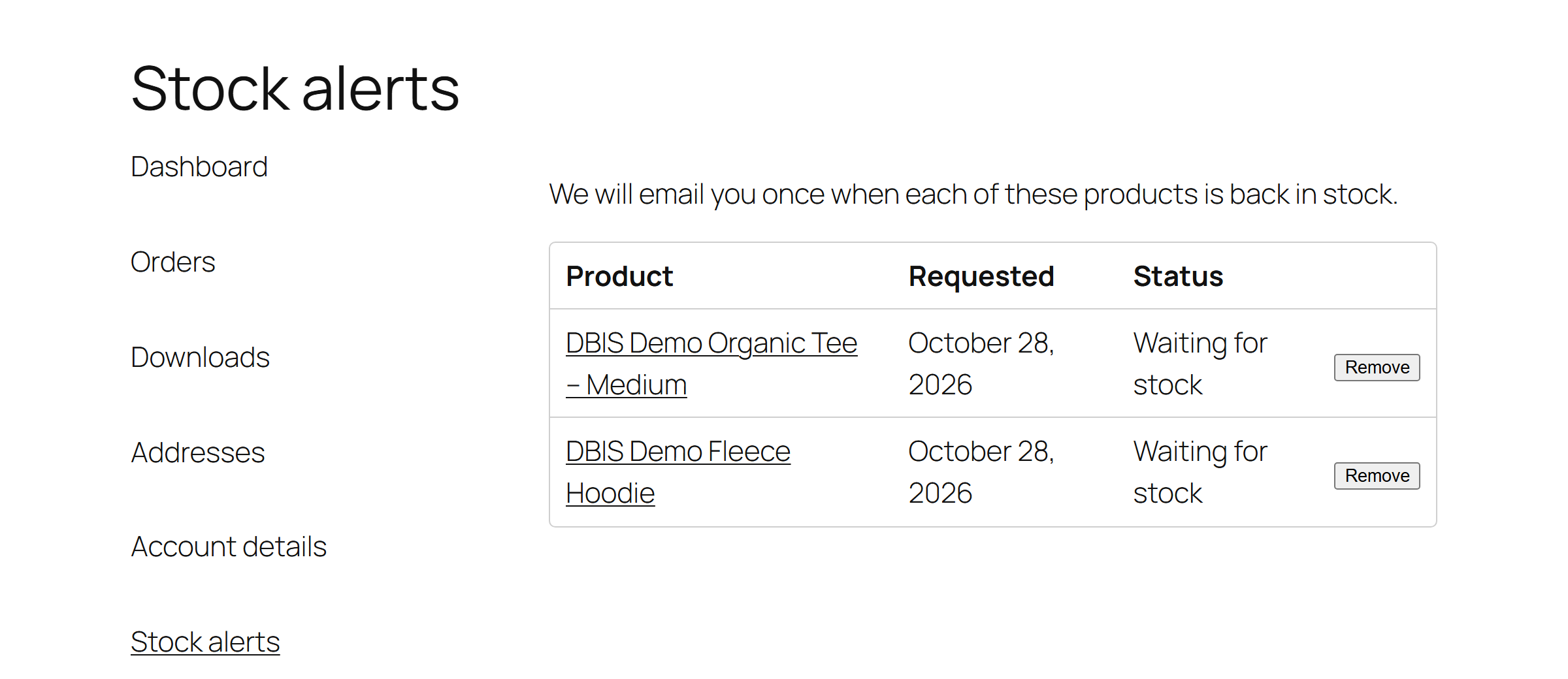 The Stock alerts tab in My Account listing two products the customer is waiting on, each with a Remove button