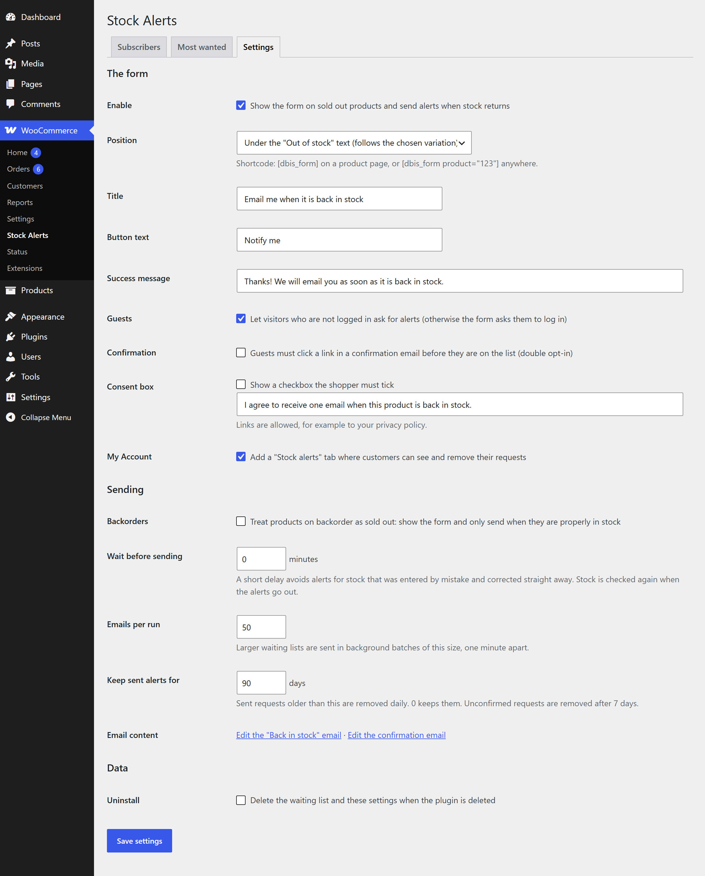 The settings: enable, form position, title, button and success text, guests, double opt-in, consent box, My Account tab, backorders, delay, batch size, retention and uninstall