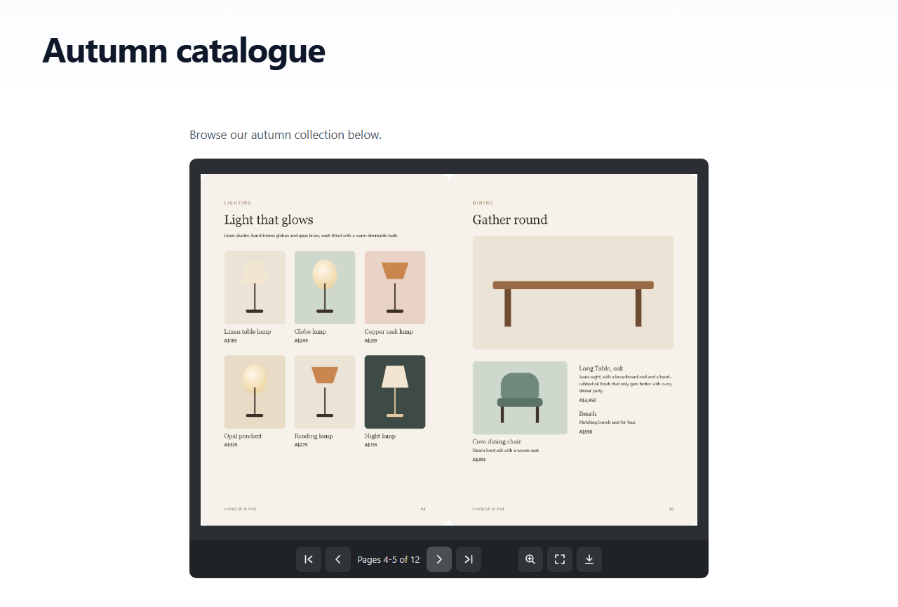 A flipbook on a page showing a two-page spread of a furniture catalogue, pages 4 and 5 of 12, with the toolbar underneath