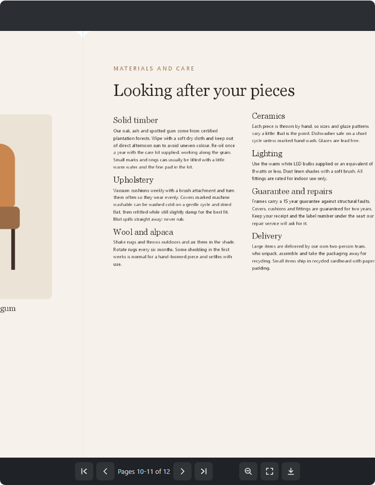 The flipbook zoomed in on the small print of the care instructions page