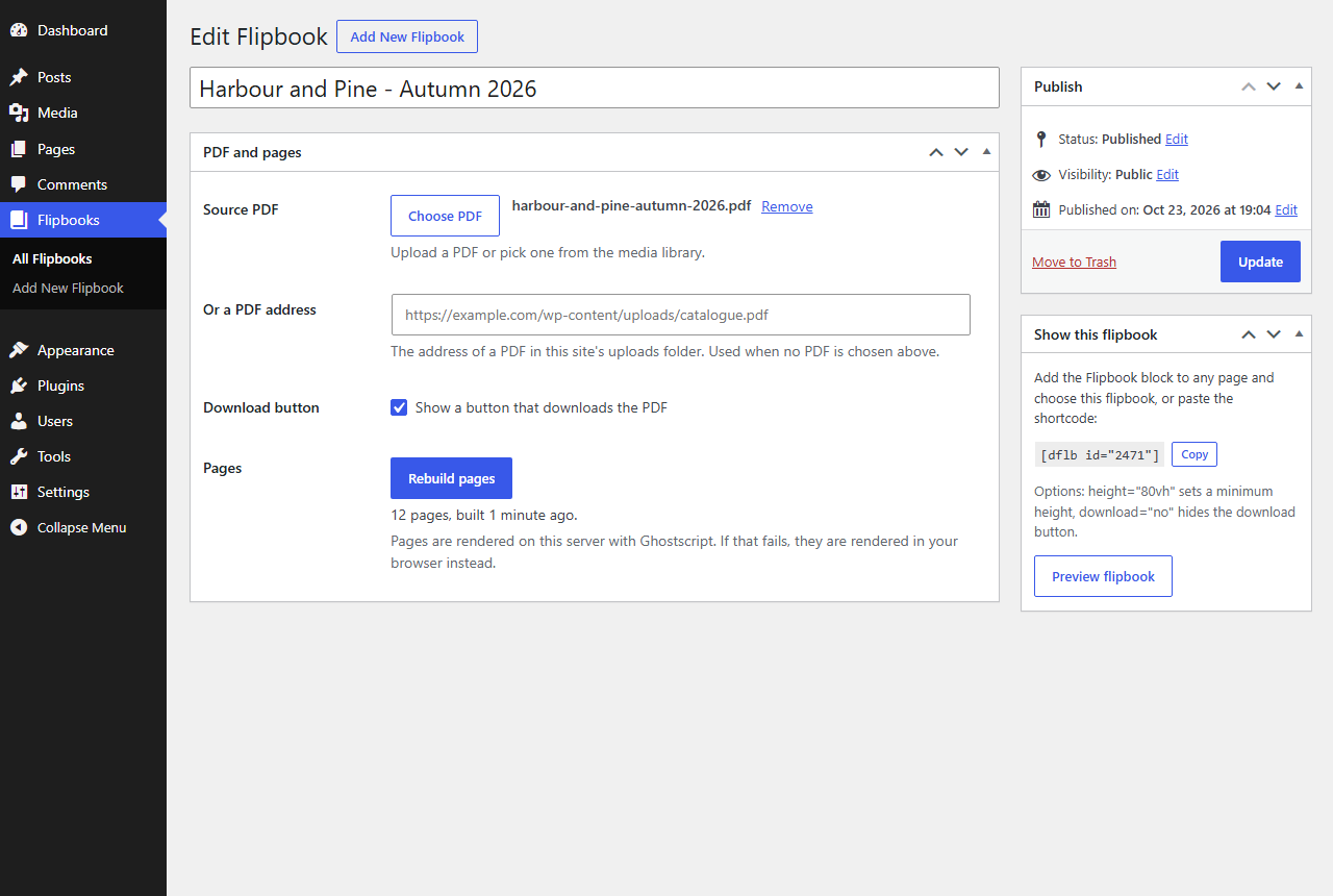 The flipbook edit screen: source PDF, a PDF address field, the download button setting, Rebuild pages and the shortcode box