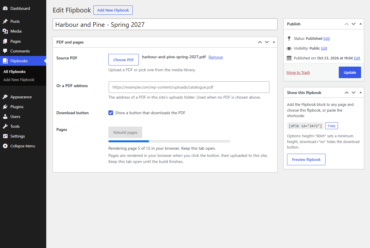 A build in progress in the browser: Rendering page 5 of 12 in your browser, with a progress bar