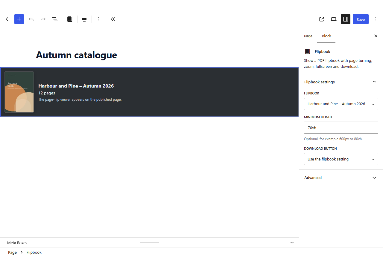The Flipbook block in the editor with the cover, the page count and the block settings for flipbook, minimum height and download button