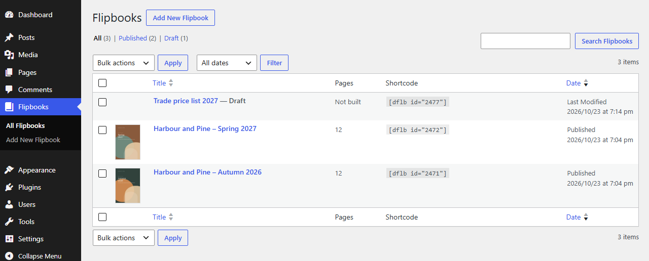 The flipbook list with cover thumbnails, page counts and shortcodes