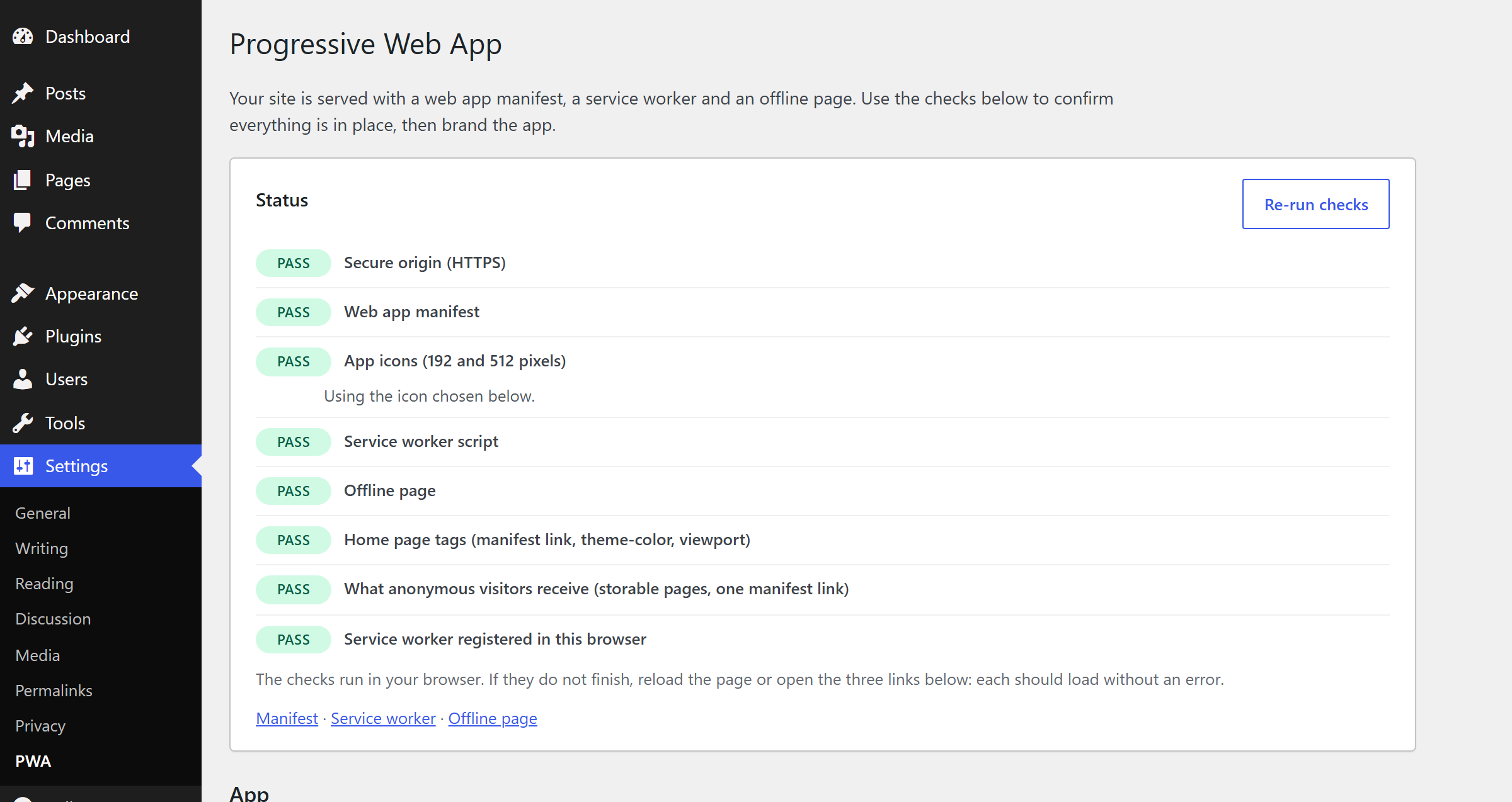 The Status panel on Settings, PWA with every check passing: secure origin, manifest, icons, service worker, offline page, home page tags, anonymous visitors and registration