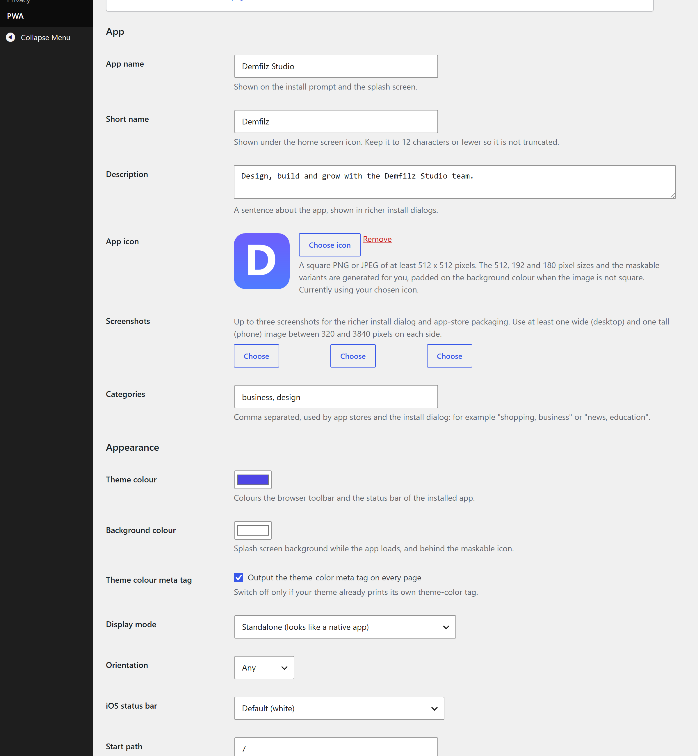 The App and Appearance settings: app name, short name, description, the icon picker with a preview, screenshots, categories and colours