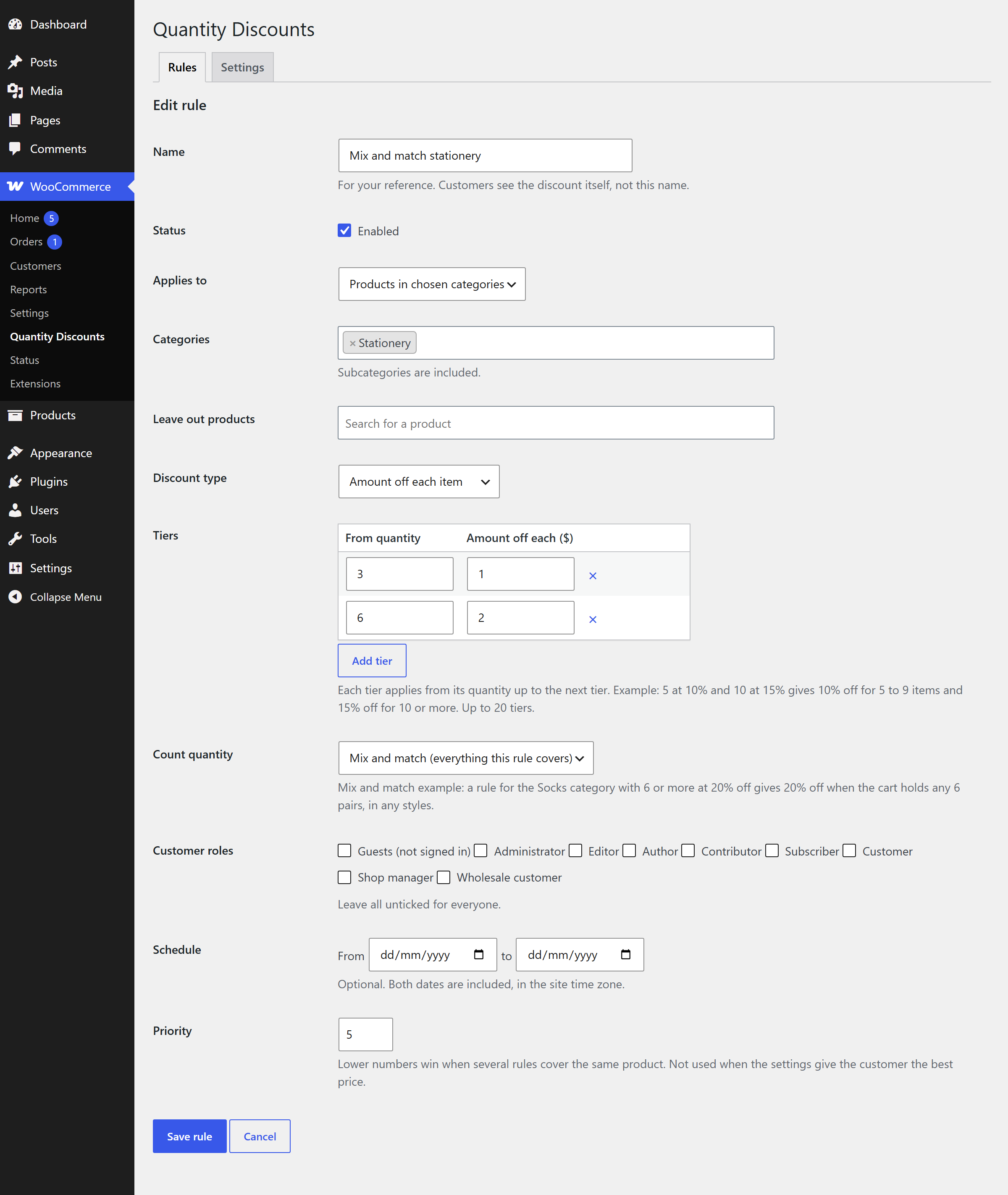 Editing a rule: name, status, applies to chosen categories, products to leave out, discount type, tiers, mix and match counting, customer roles, schedule and priority