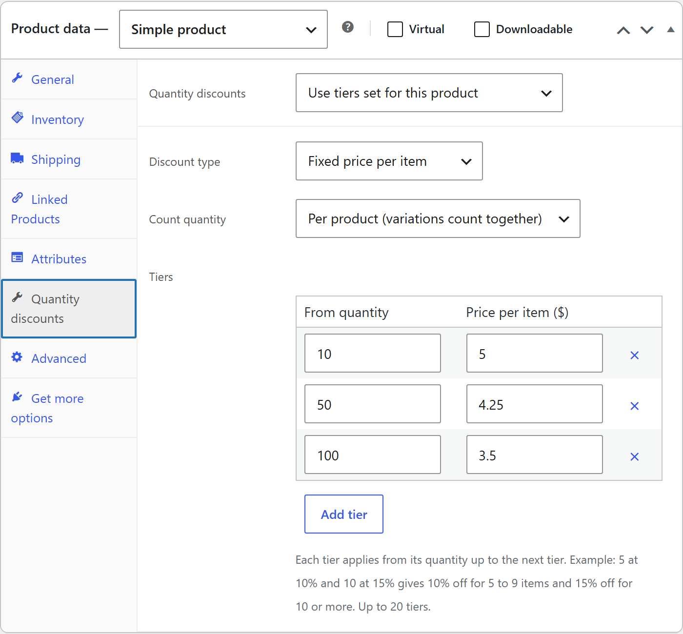 The Quantity discounts tab on a product, set to use its own fixed price tiers: 10 or more at $5.00, 50 or more at $4.25, 100 or more at $3.50