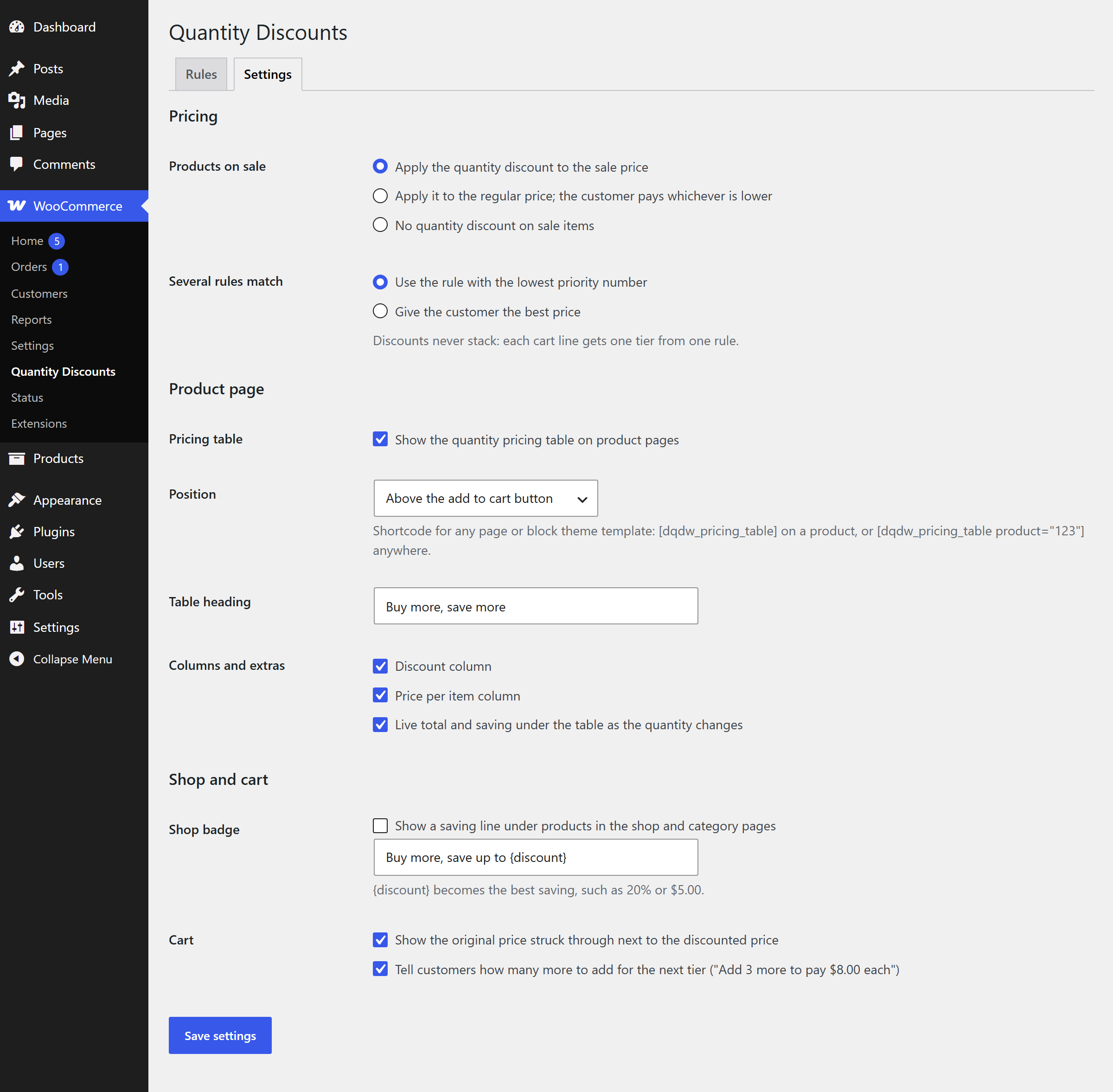 The settings screen: sale price handling, rule selection, pricing table position, heading and columns, shop badge and cart options