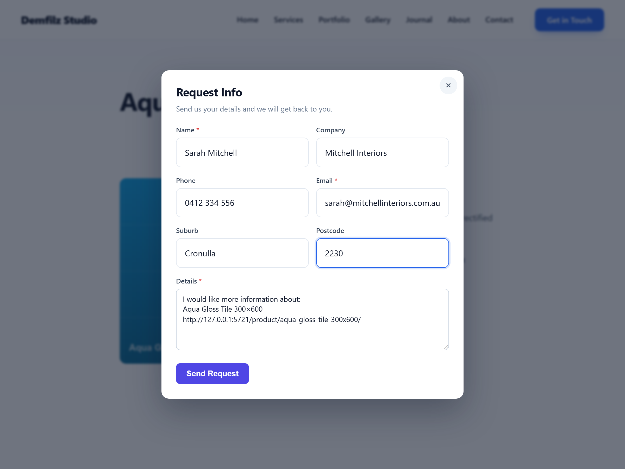The popup enquiry form with contact fields pre-filled and the product name and link in the Details field