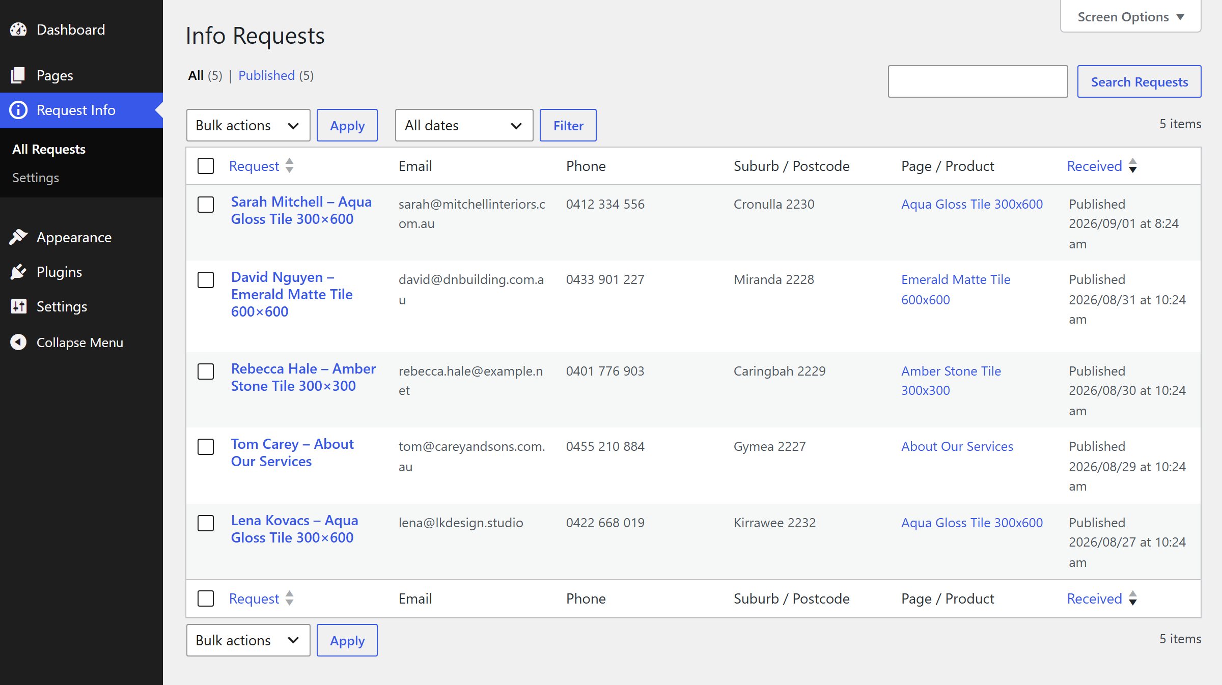 The Info Requests list in the WordPress dashboard with email, phone, location and page columns