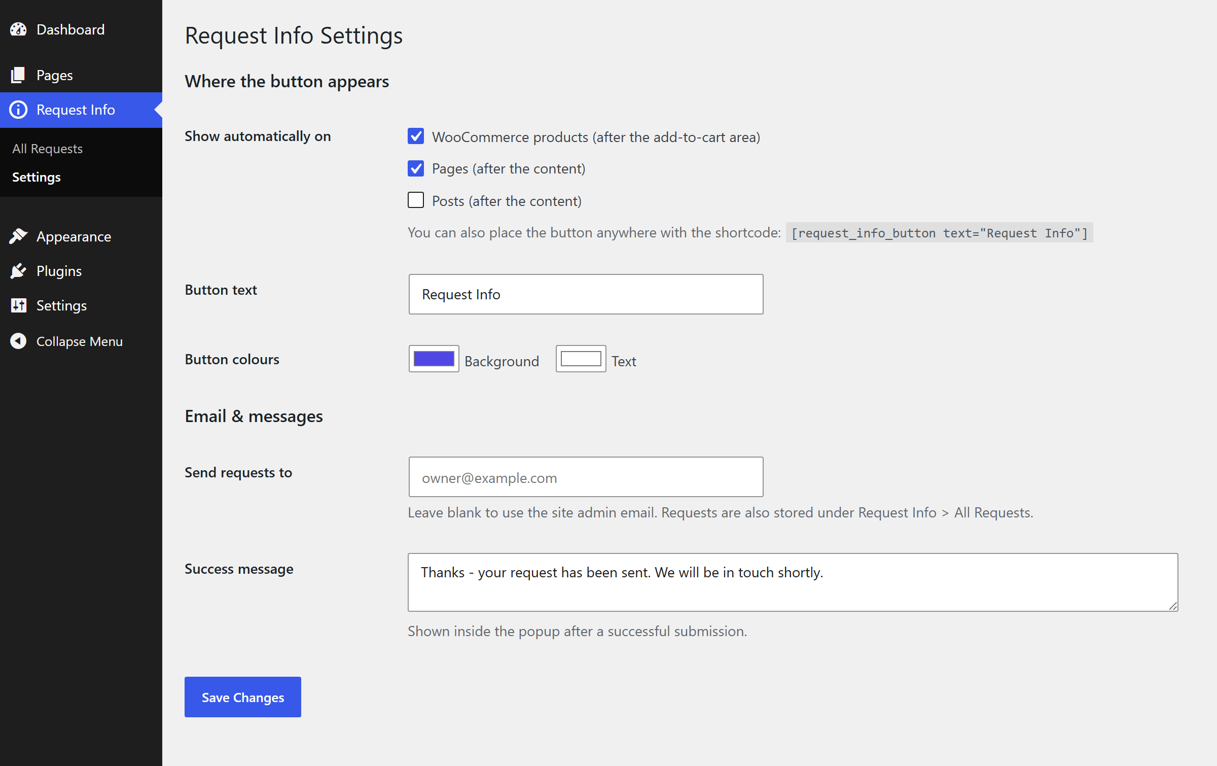 The settings screen with placement toggles, button text and colours, recipient and success message