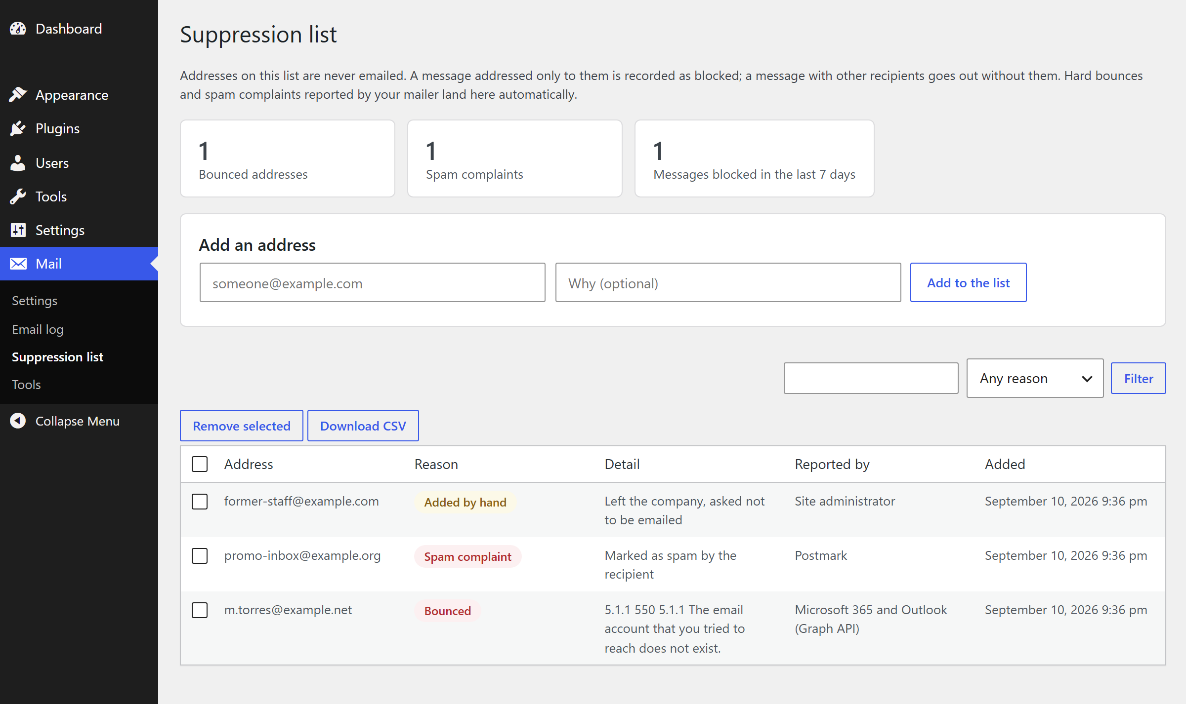 The suppression list, with a bounced address and the reason the provider gave