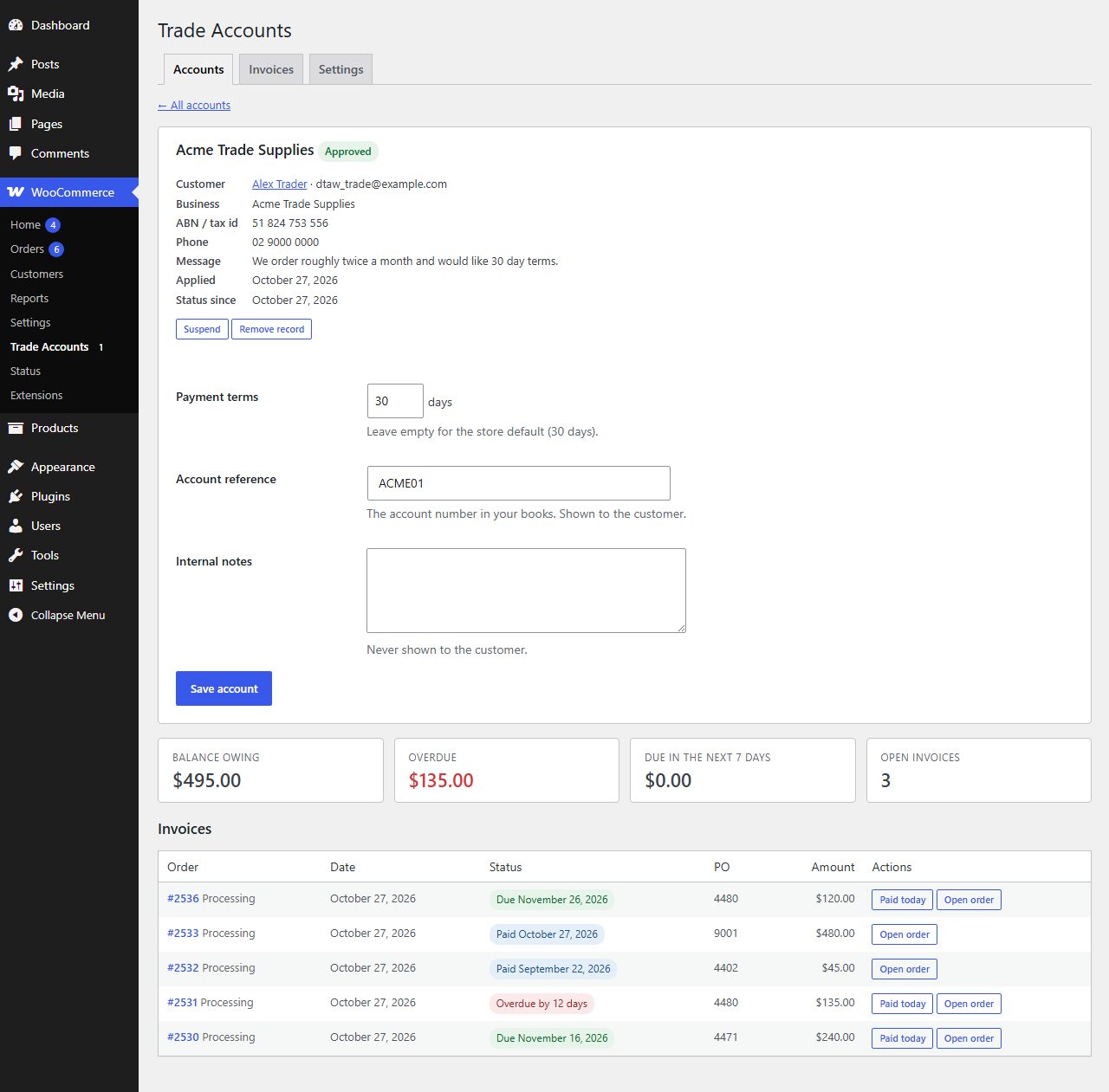 One trade account: the application details, payment terms, account reference and internal notes, its balance tiles and its invoices