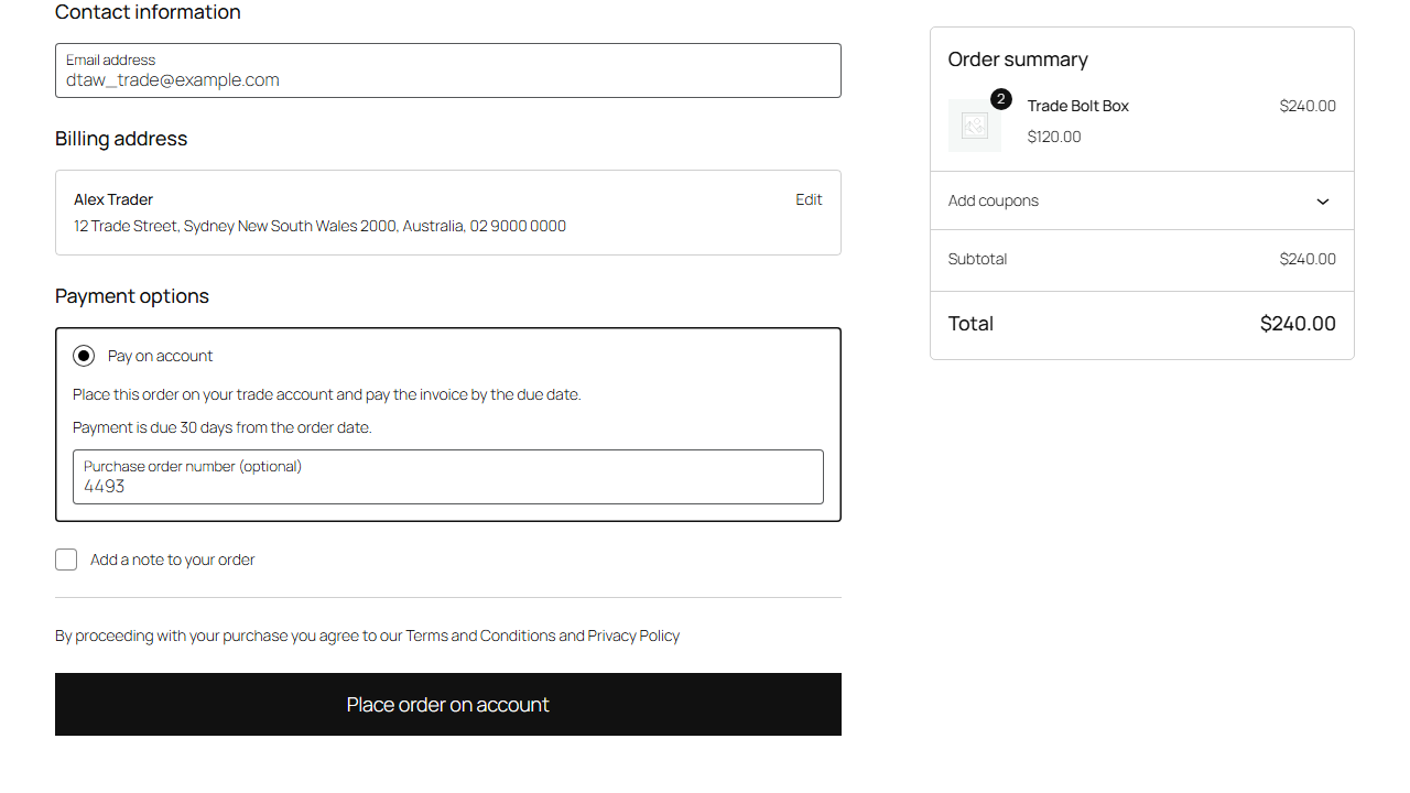 The checkout block with Pay on account selected, the terms, a purchase order number field and a Place order on account button next to the order summary