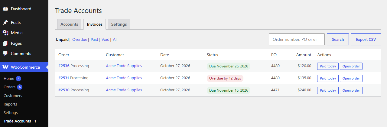 The Invoices tab: unpaid invoices with due dates, an overdue badge, purchase order numbers, amounts and Paid today buttons