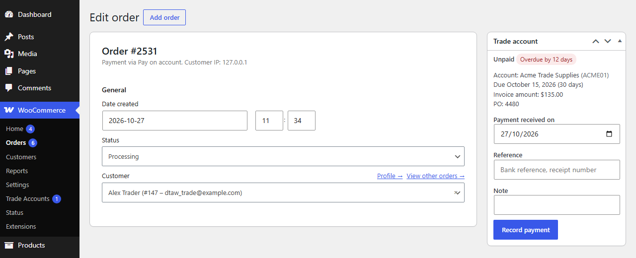 The Trade account box on an order: unpaid, overdue by 12 days, the account, due date, invoice amount and PO, and the record payment form with date, reference and note