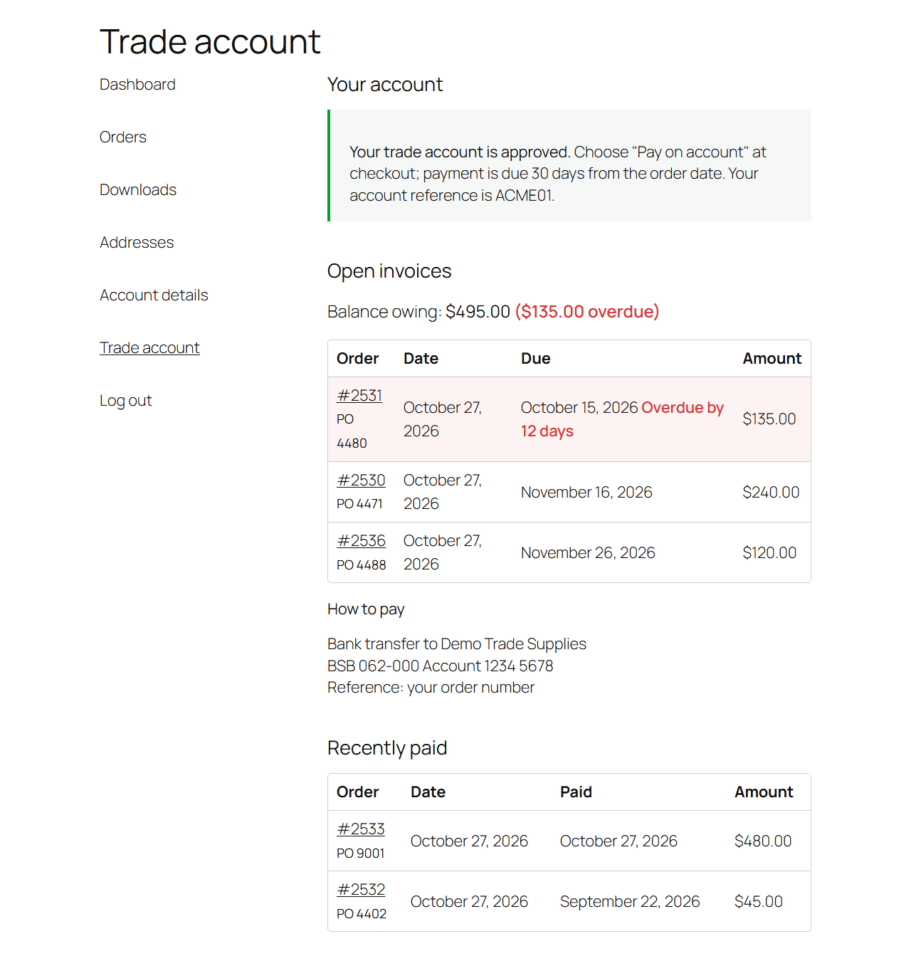 My Account Trade account tab: the approved status, balance owing, open invoices with due dates and an overdue flag, how to pay, and recently paid invoices