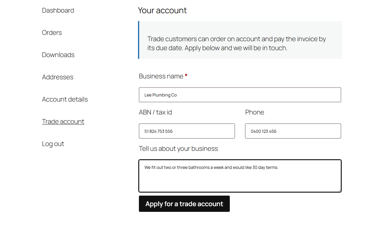 The trade account application form in My Account: business name, ABN or tax id, phone and a message
